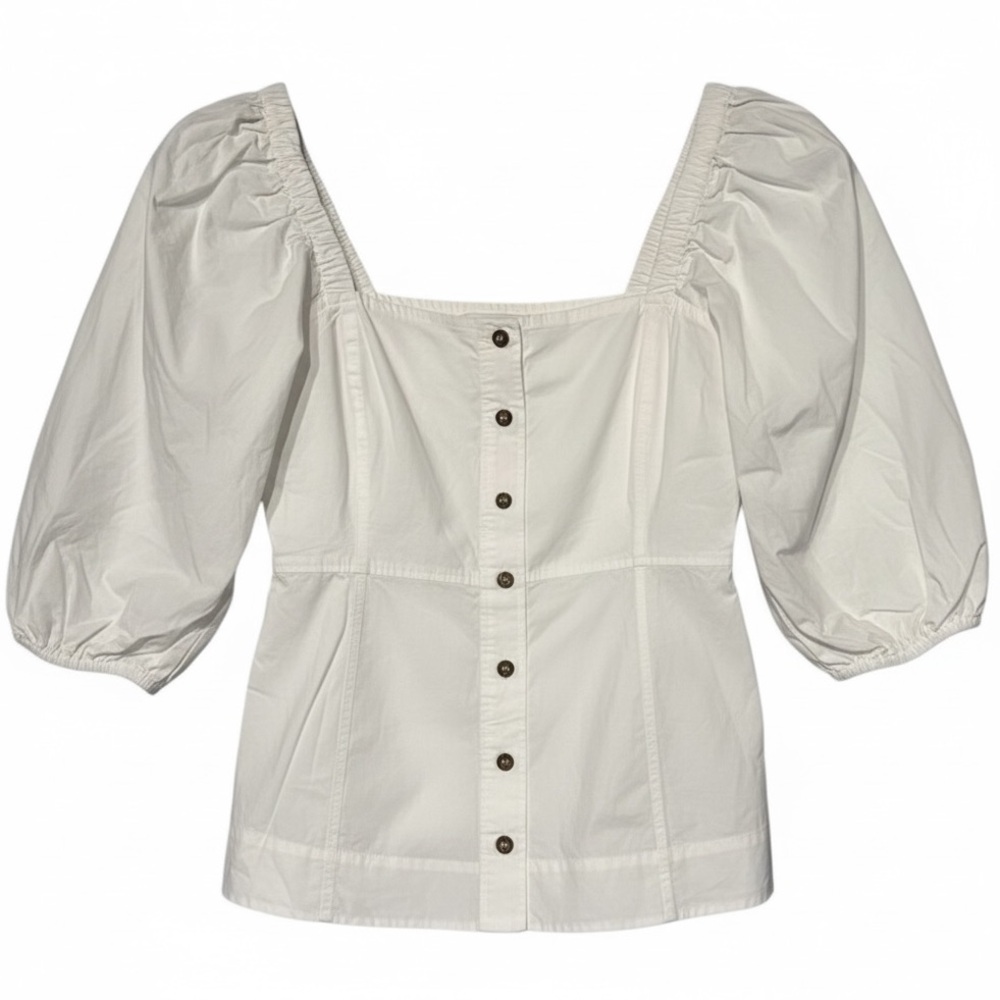 GANNI Cotton Poplin Off Shoulder Blouse White Puff Sleeve Button Front EU 40